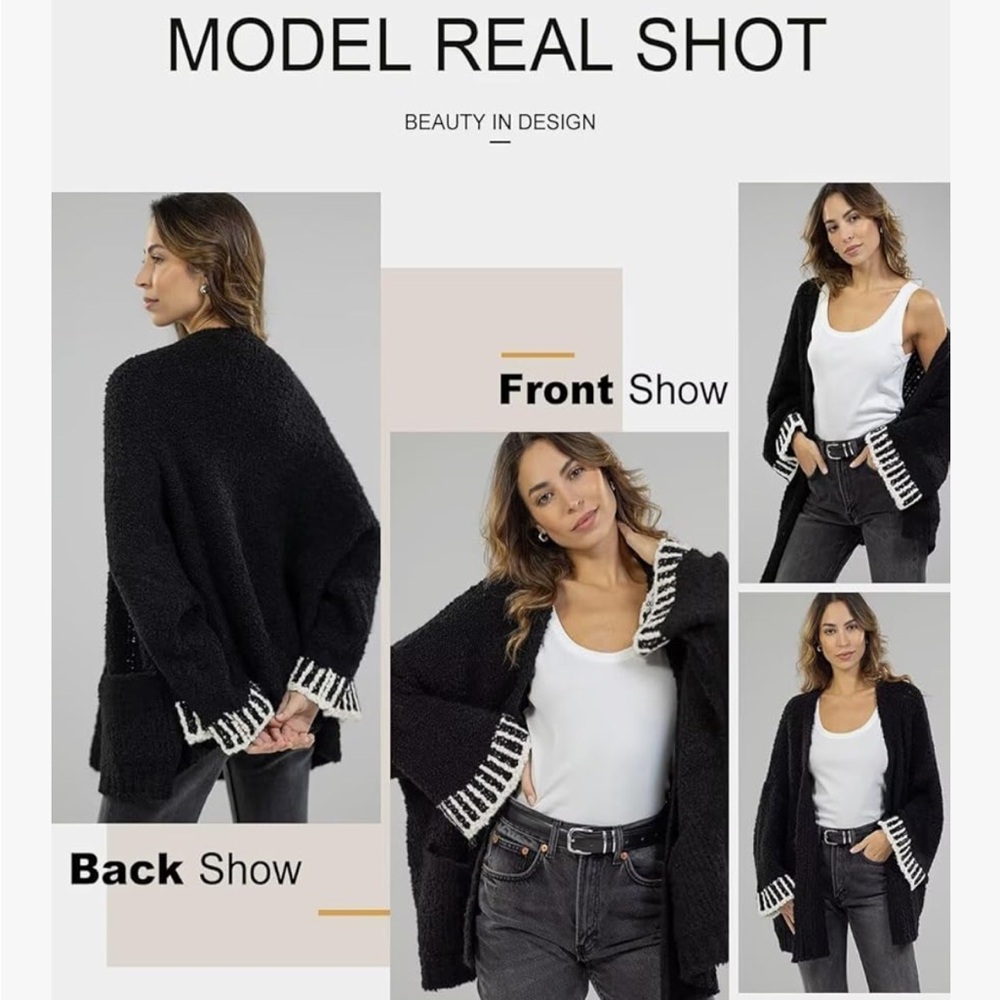 SHEIN Black Open-Front Knit Cardigan with White Striped Cuffs